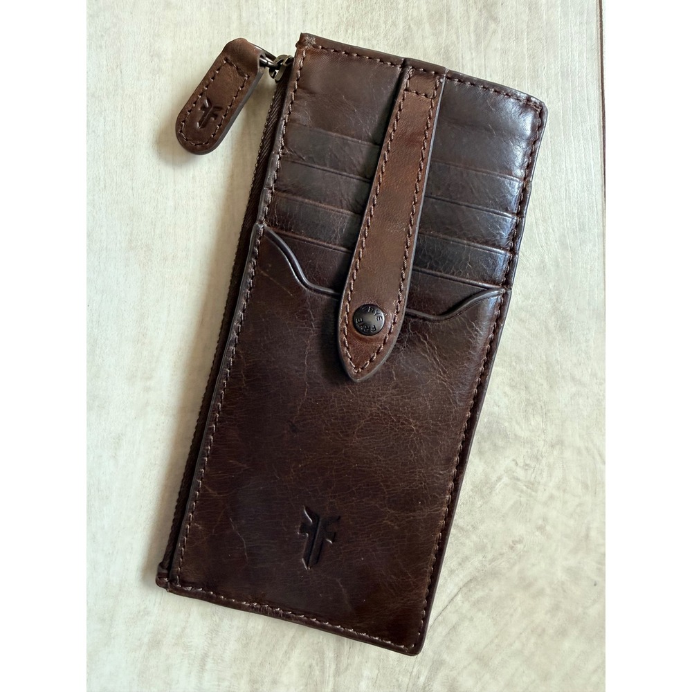 Frye Melissa Snap Card Wallet Distressed Leather Western Boho Dark Brown